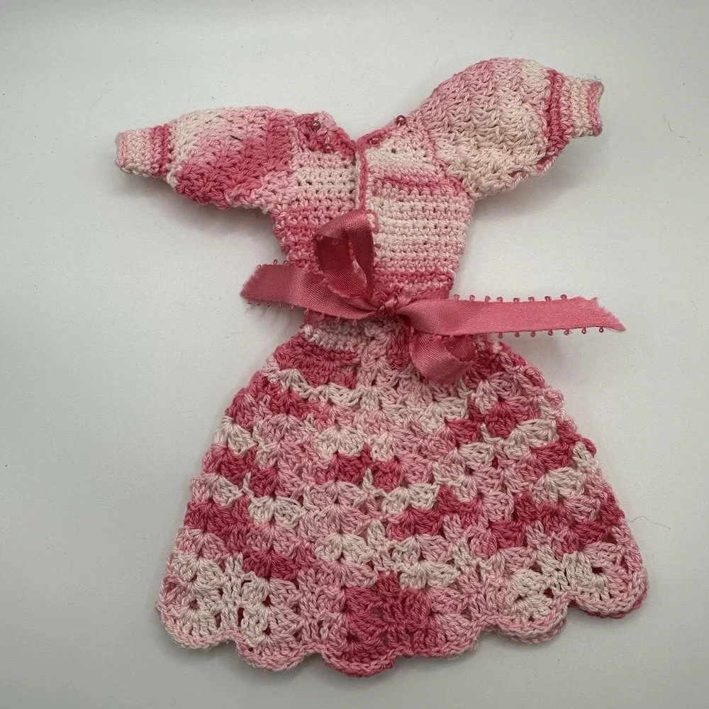 VTG Crochet Cotton Barbie Doll Dress Pink Variegated Ribbon Bead Knee‎ Length - Picture 2 of 5